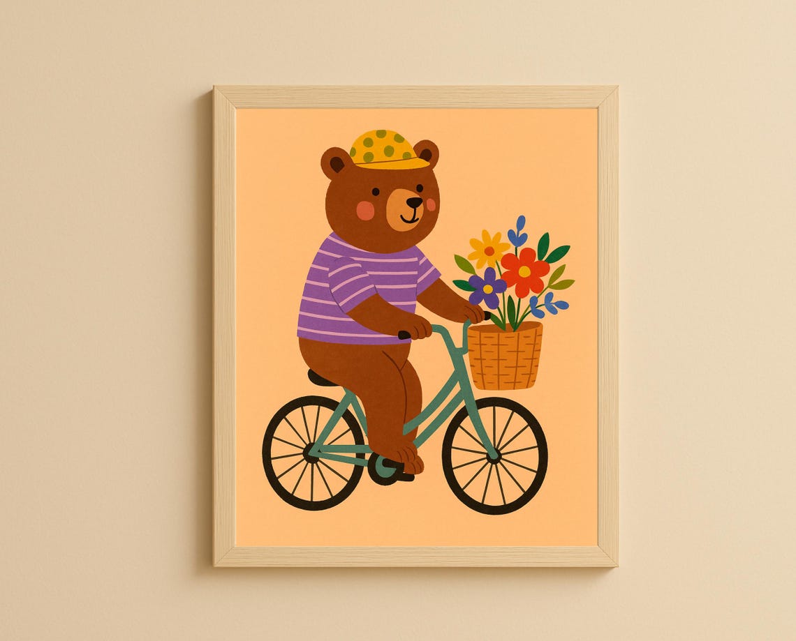 Bicycle Bear Wall Art Cute With Flowers For Nursery Playroom