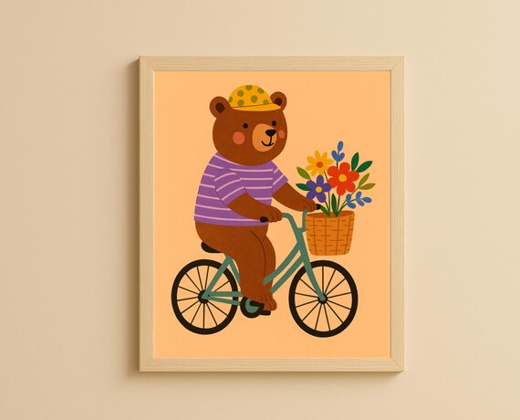 Bear Riding Bicycle With Flower Basket Cute Nursery Kids Wall Art