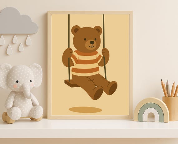 Swinging Bear Wall Art Nursery Animal Decor Cozy Brown For Kids Room Playful Childrens
