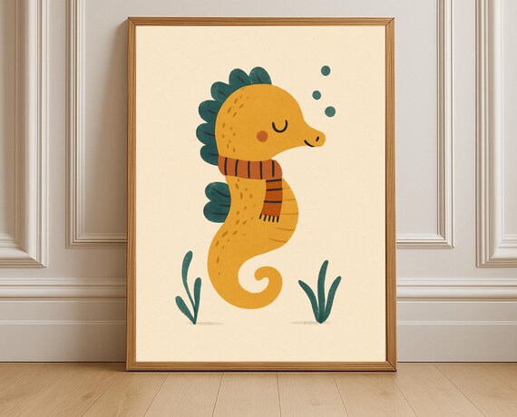 Cozy Seahorse In Striped Scarf Cute Ocean Nursery Kids Wall Art