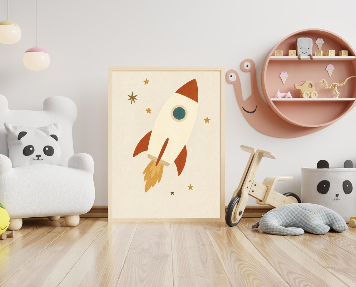 Rocket Ship Launching Stars Outer Space Boys Room Nursery Kids Poster