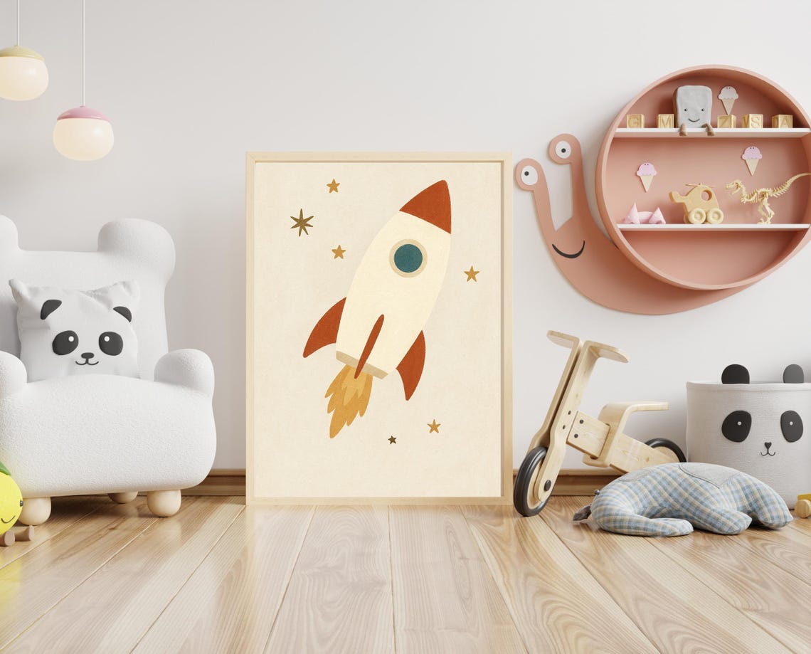 Rocket Ship Nursery Wall Art Space Themed Kids Room Outer Decor For Boys Instant