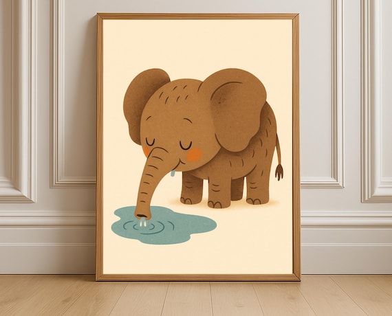 Baby Elephant Drinking Water Cute Safari Nursery Kids Poster