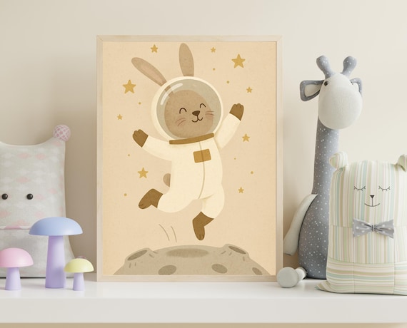 Astronaut Bunny Jumping On The Moon Stars Outer Space Nursery Art Poster