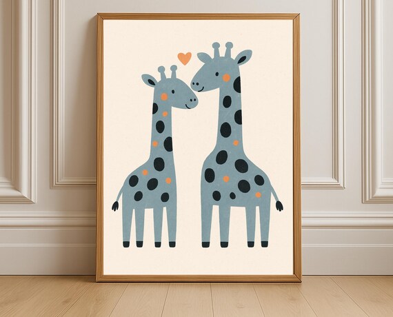 Two Giraffes in Love Blue Spotted Heart Nursery Poster Cute Art