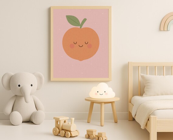Smiling Peach Nursery Art Print, Cute Fruit Decor