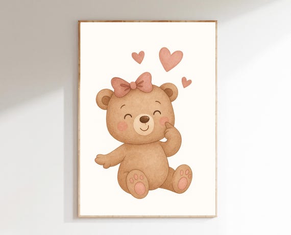 Cute Bear Wall Art For Nursery Pink Bow Baby Girl Sweet Animal Room Decor