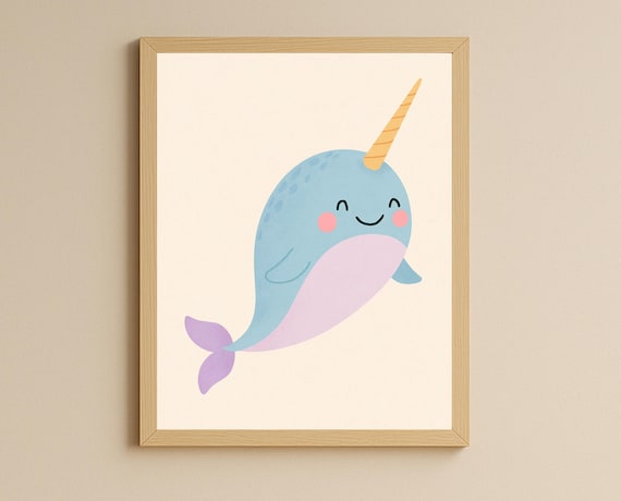 Cute Narwhal Nursery Poster Smiling Whale Baby Ocean Kids Decor Art