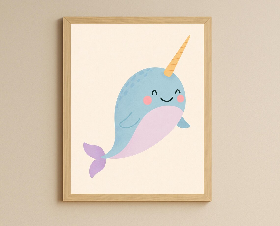 Cute Narwhal Nursery Poster Smiling Whale Baby Ocean Kids Decor Art