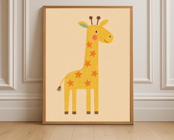 Yellow Giraffe Star Spots Cute Crayon Style Kids Safari Nursery Art Poster