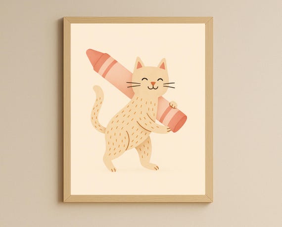 Crayon Cat Nursery Wall Art Kids Room Decor Classroom Corner Poster