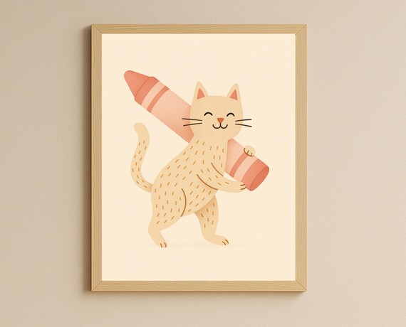 Cream Cat Carrying Giant Pink Crayon Kids Art Corner Wall Poster