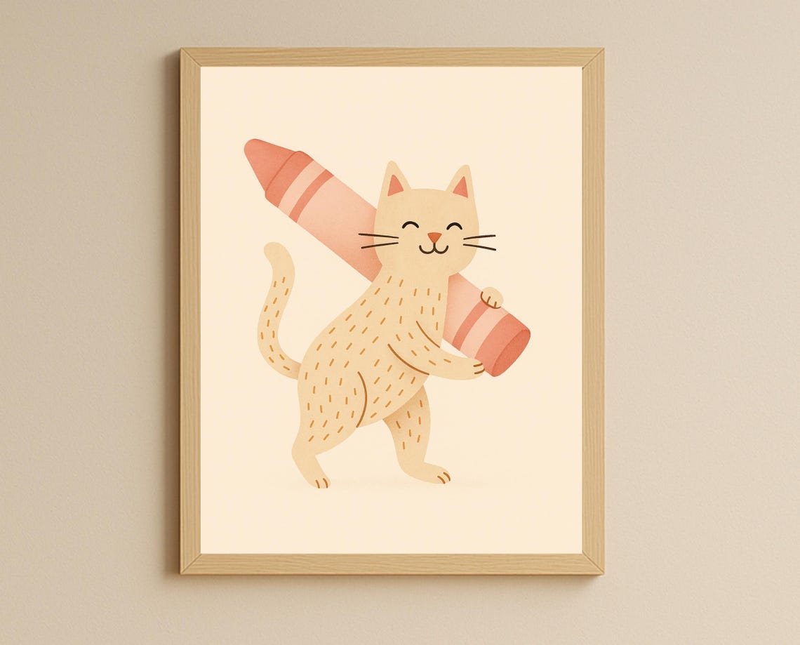 Crayon Cat Nursery Wall Art Kids Room Decor Classroom Corner Poster