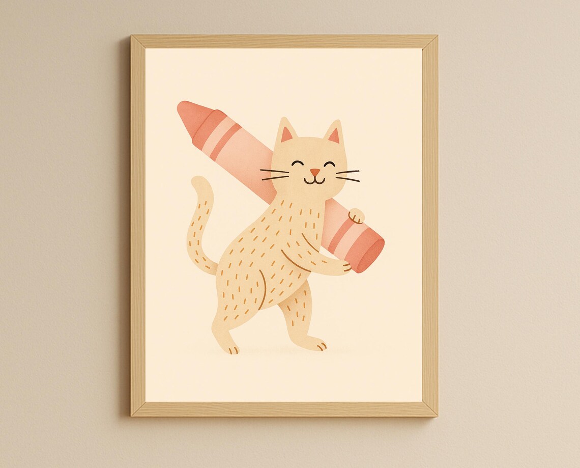 Cream Cat Carrying Giant Pink Crayon Kids Art Corner Wall Poster