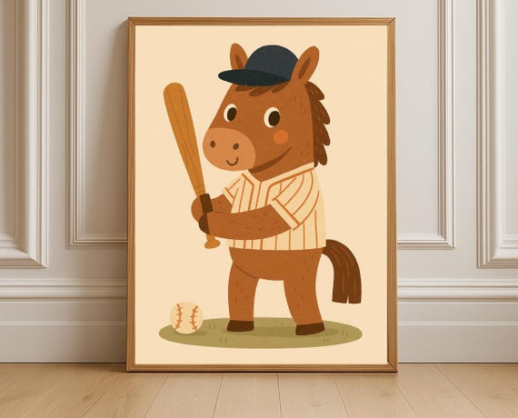 Baseball Horse Nursery Wall Art Sports Kids Room Vintage Animal Poster Instant Genderneutral Decor