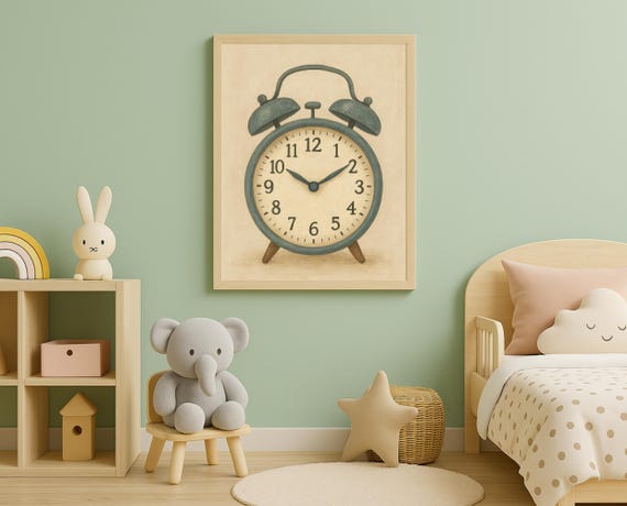 Vintage Alarm Clock Nursery Wall Art Retro Poster For Kids Room Decor Educational Toddler