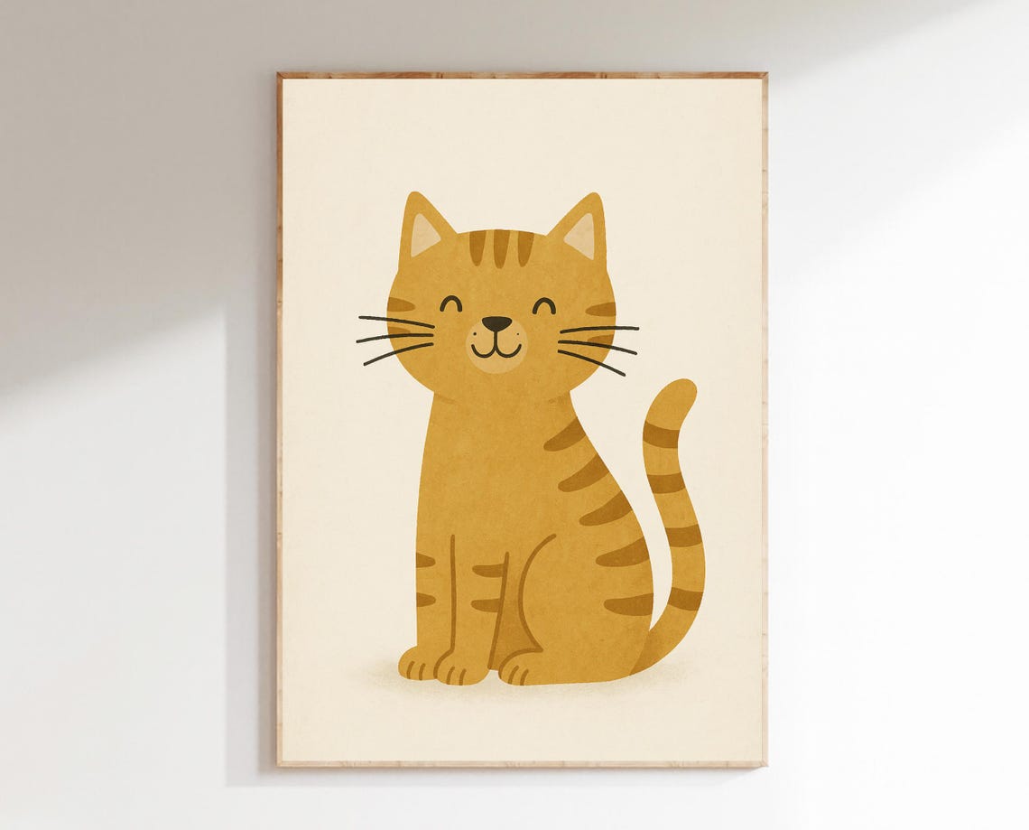 Smiling Tabby Cat Nursery Wall Art Kids Room Decor Minimalist Animal