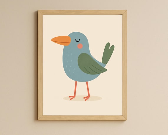 Cute Blue Bird with Orange Beak Minimalist Poster for Nursery Room