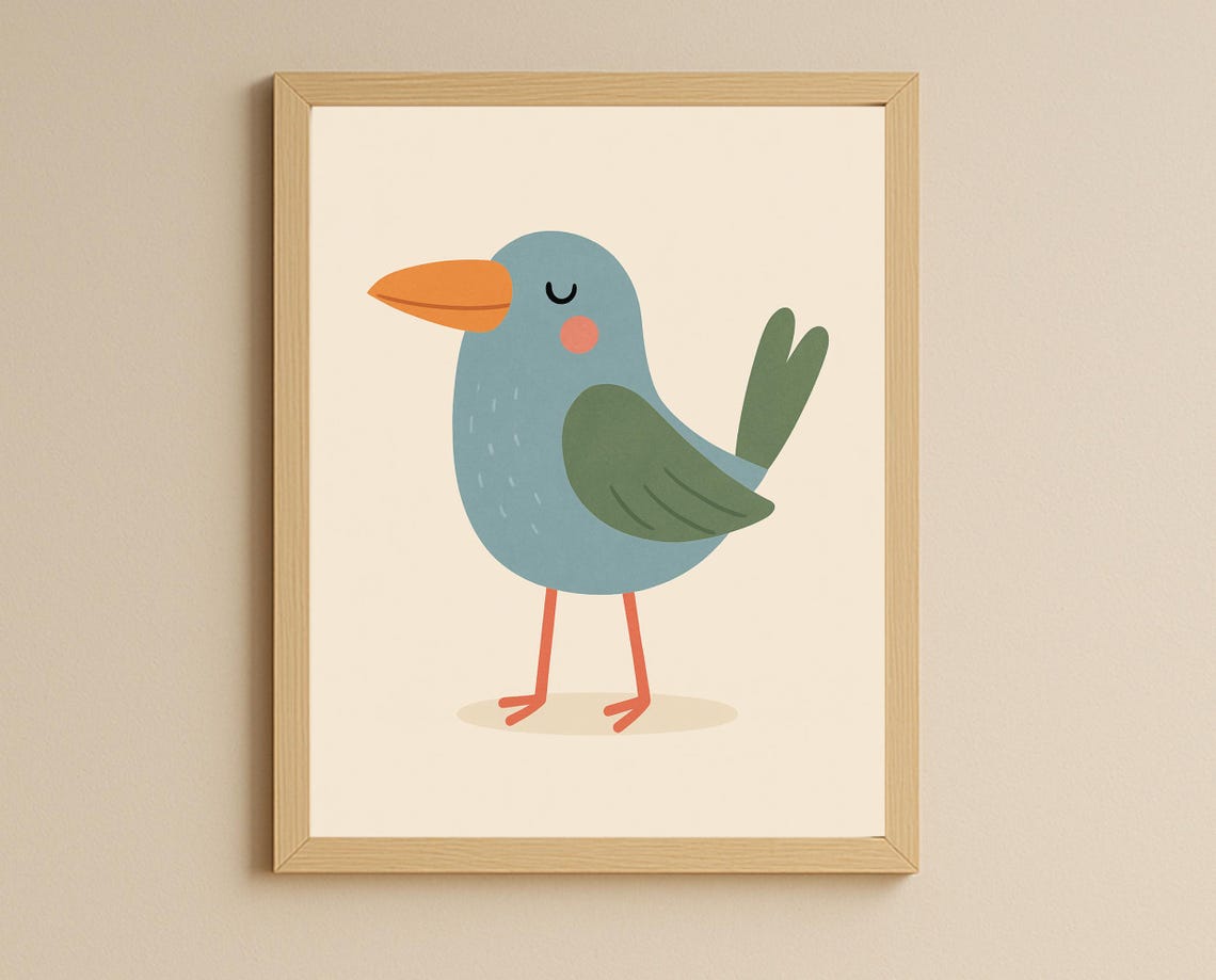 Bird Wall Art Cute Blue Nursery Decor Animal Poster For Kids Room