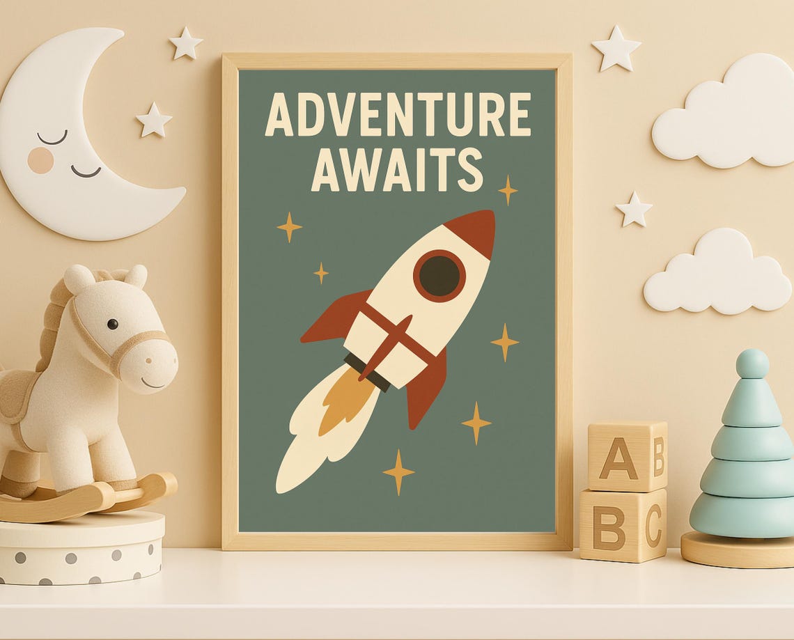 Adventure Awaits Rocket Ship Space Quote Boys Room Decor Poster