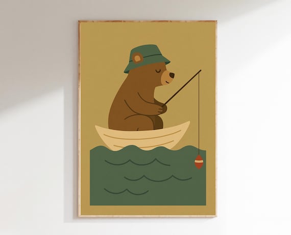 Fishing Bear in Green Hat on Boat Lake Nursery Animal Poster