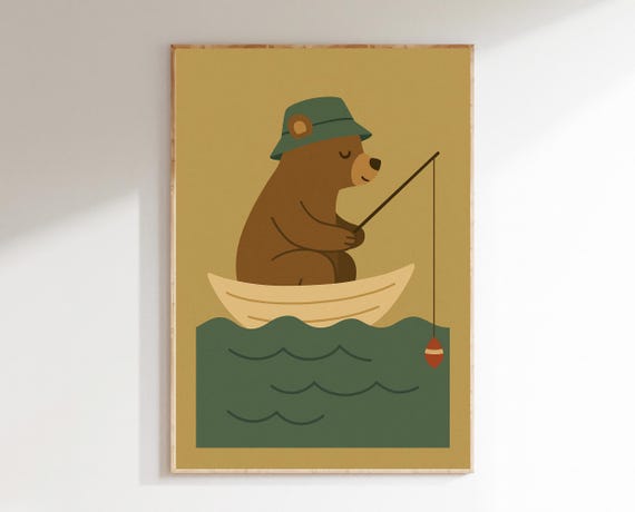 Fishing Bear Wall Art Calm Animal Nursery Print Hobby For Kids Room Decor