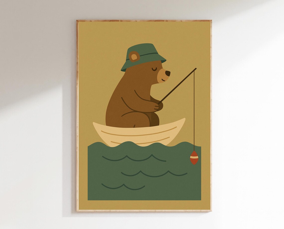 Fishing Bear in Green Hat on Boat Lake Nursery Animal Poster