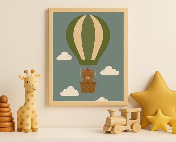 Hot Air Balloon Bear Wall Art Adventure Animal Nursery Print For Kids Room Decor