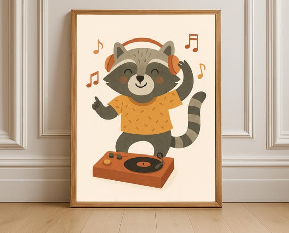 Dj Raccoon Wall Art Hobby Animal Series Print For Nursery Playroom