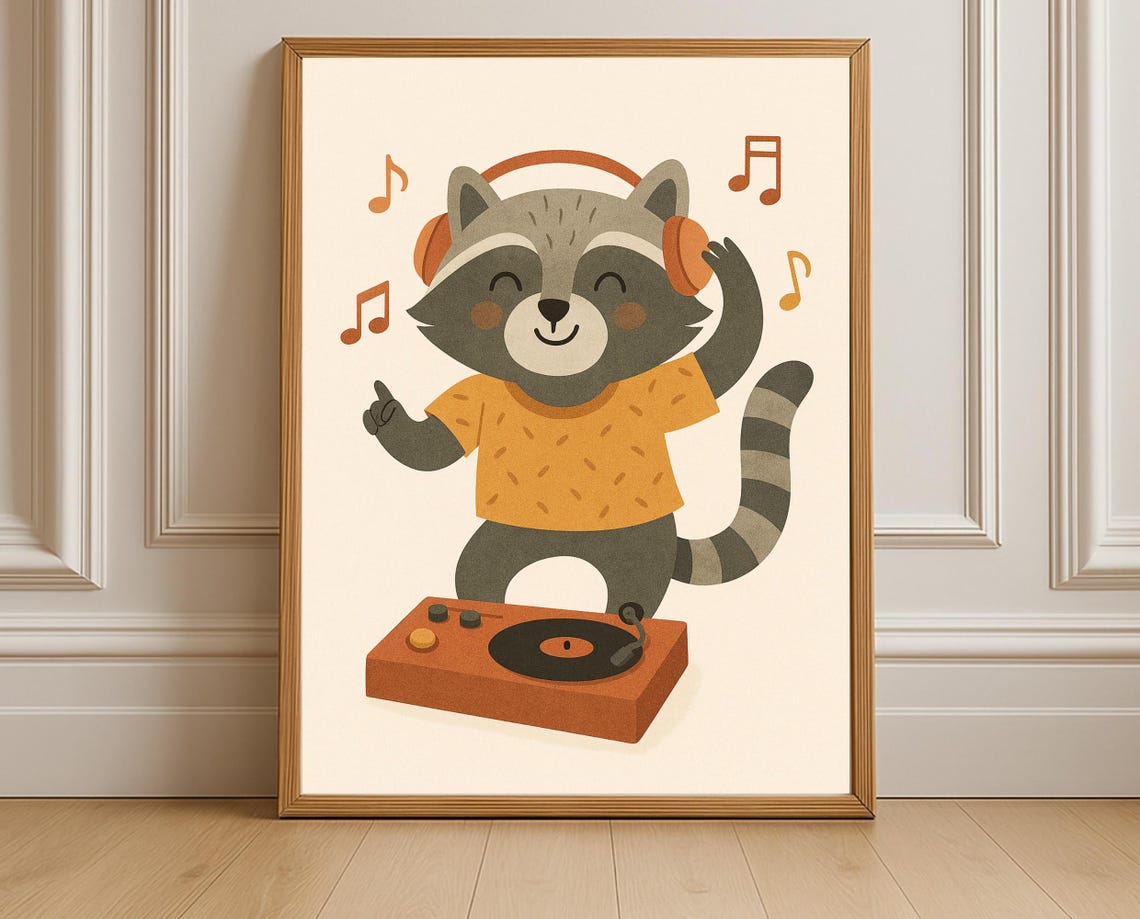 Raccoon DJ Dancing With Headphones At Turntable Music Kids Poster
