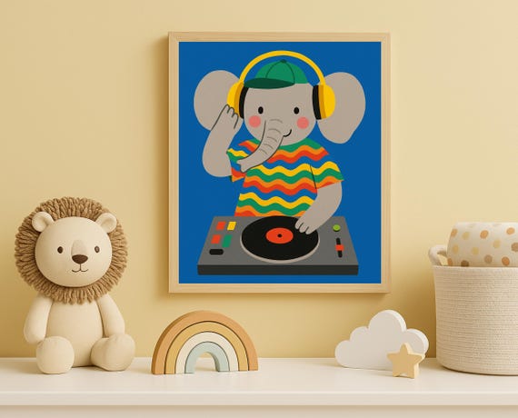 Dj Elephant Wall Art Music Lover Nursery Print Kids Room Animal Illustration