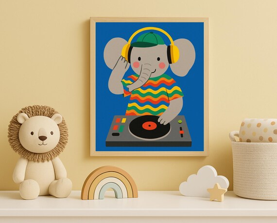 DJ Elephant With Headphones Spinning Turntable Kids Room Wall Art
