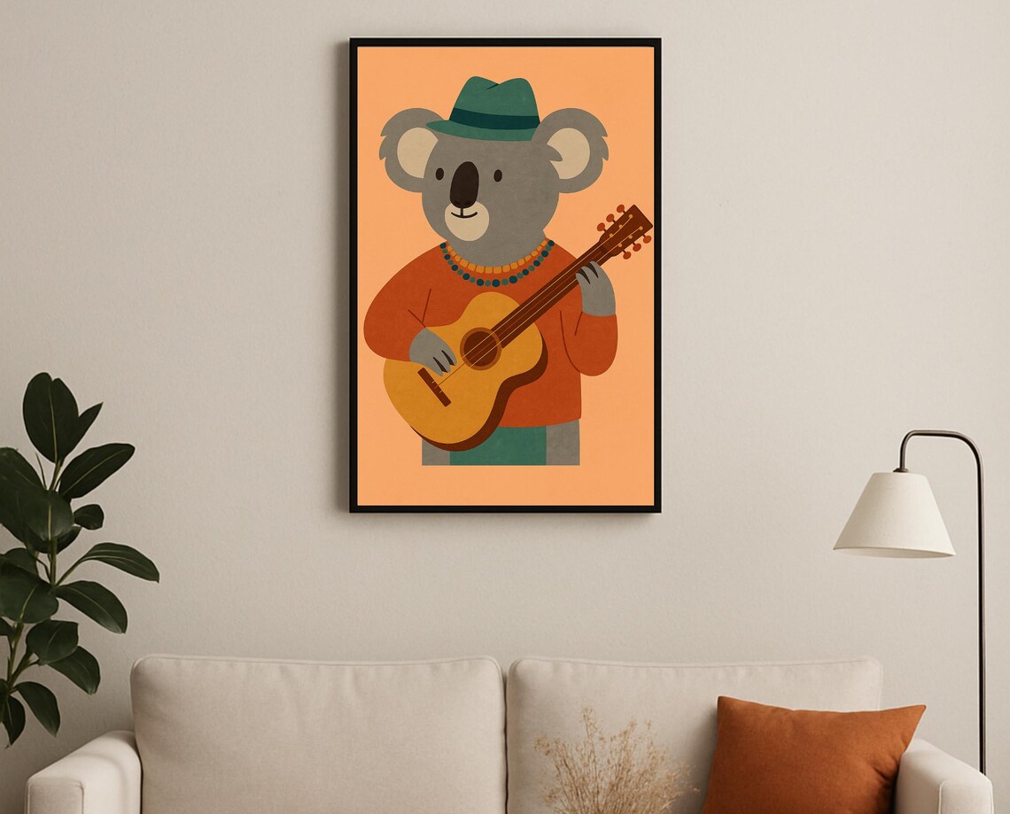 Koala Playing Guitar Wearing Hat Music Hobby Nursery Decor Poster