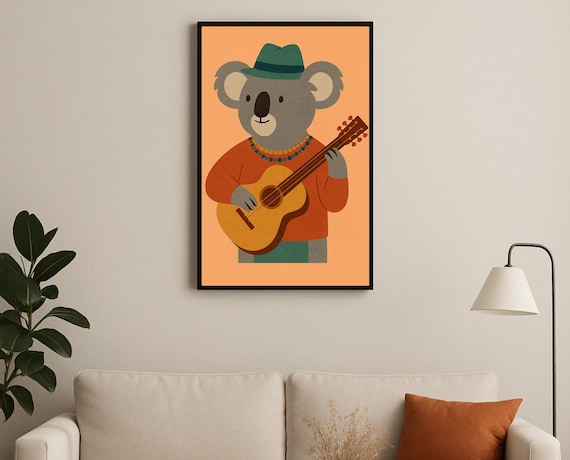 Koala Playing Guitar Wearing Hat Music Hobby Nursery Decor Poster