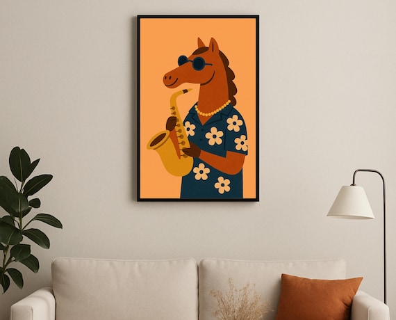 Jazz Saxophone Horse Poster Floral Shirt Cool Animal Nursery Kids Decor