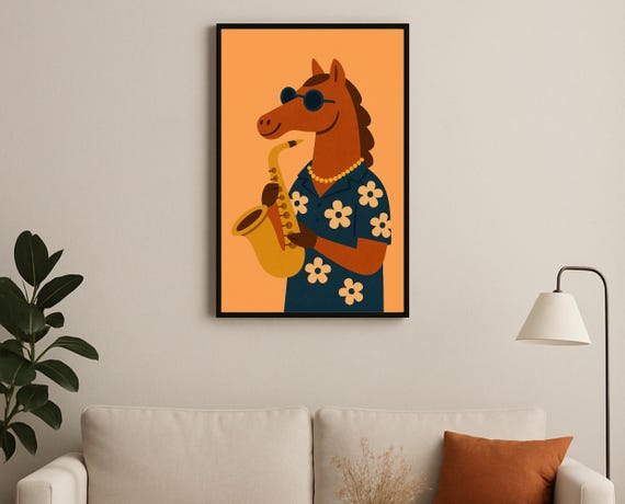 Saxophone Horse Wall Art Hobby Animal Series Floral Shirt Jazz Poster For Nursery Playroom Modern Kids Room Decor
