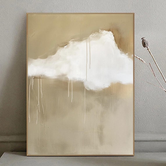 Large White Cloud Wall Art Original Cloud Oil Painting White Cloud Abstract Painting On Beige Sky Painting For Living Room Wall Art