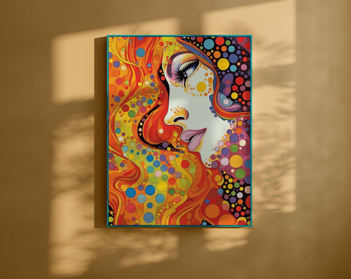 Psychedelic Pop Art Woman Profile Surrounded by Polka Dots Poster