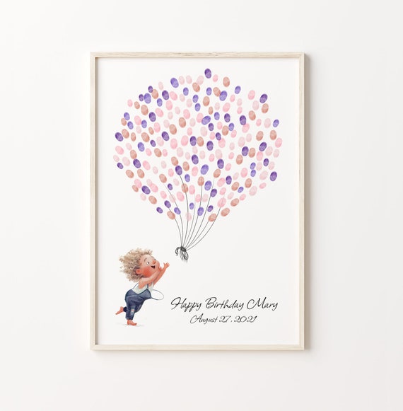 Baby Girl Catching Balloons Guest Book Birthday Fingerprint Balloon Baby Shower Guest Book New Born Thumbprint Tree