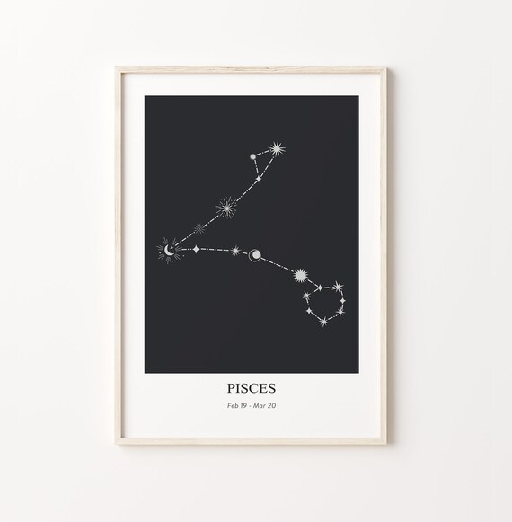 Elegant Pisces Constellation Star Chart Black Zodiac Sign Poster