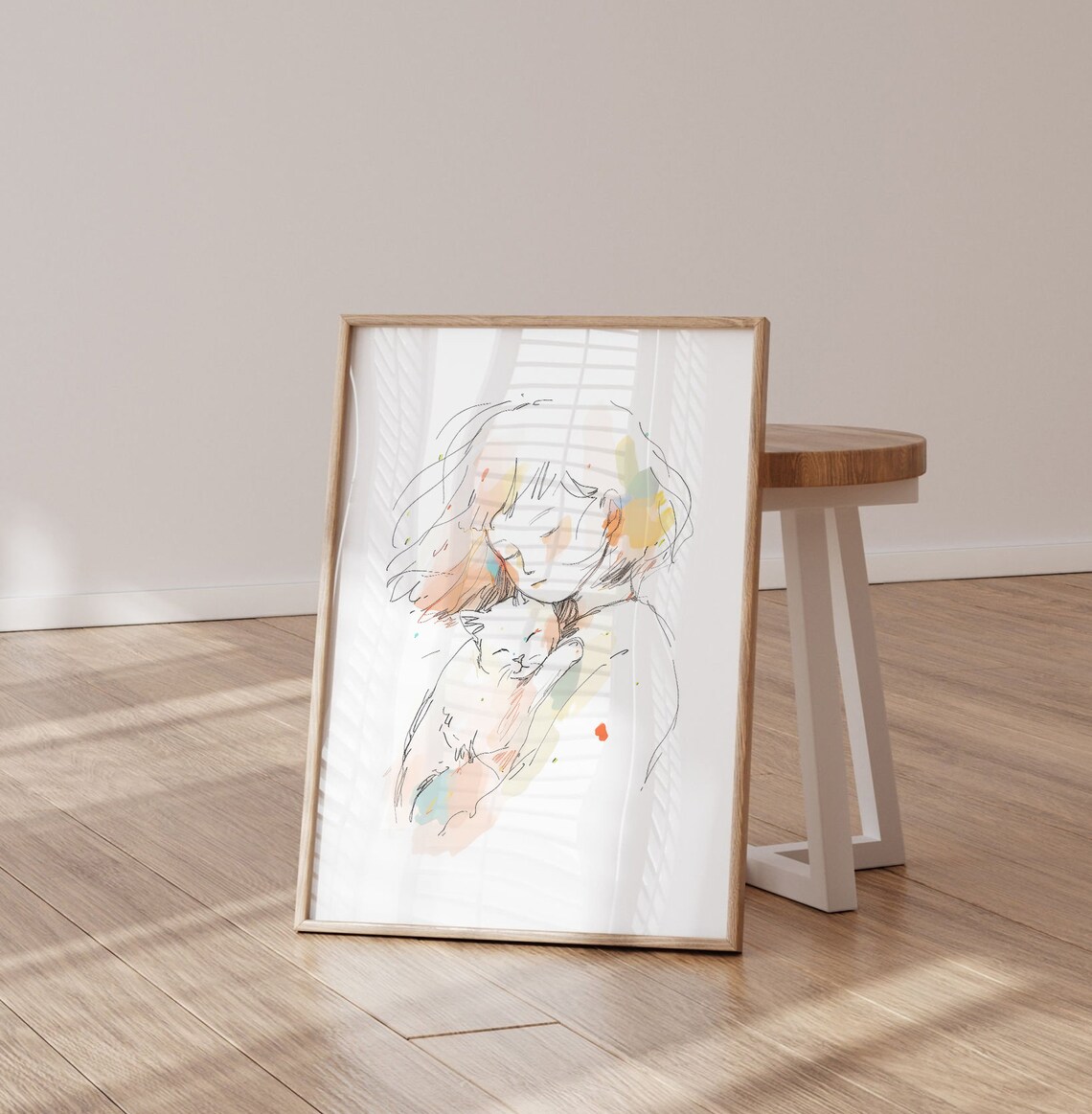 Girl Hugging White Cat Watercolor Sketch Pet Lover Nursery Poster - Image 3