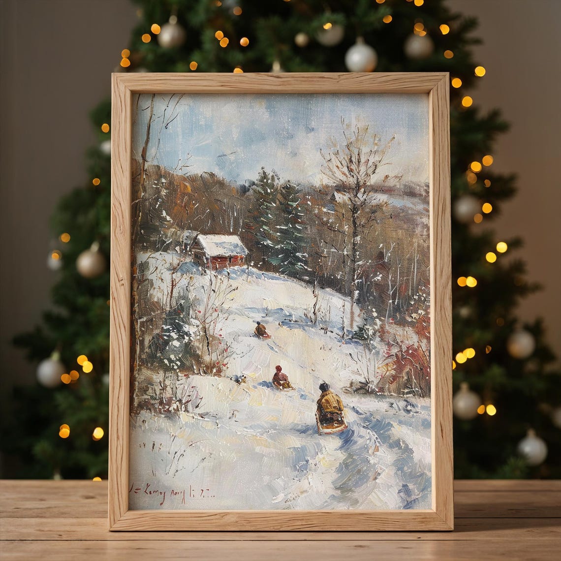 Vintage Winter Sledding Scene Snowy Hill Red Barn Impressionist Poster