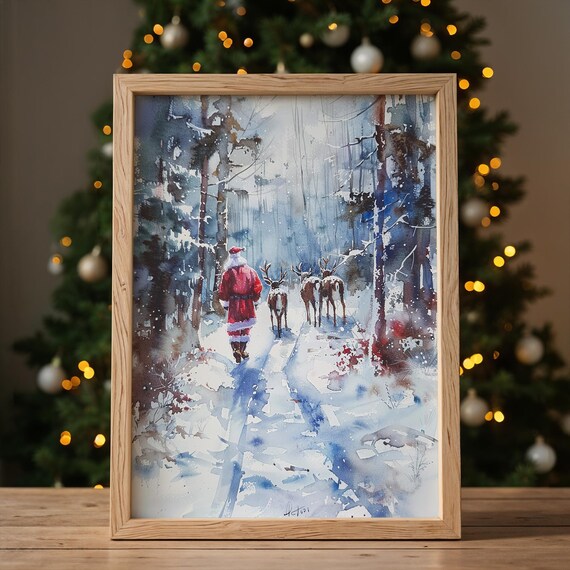 Santa Claus Reindeer Snowy Forest Watercolor Christmas Stroll Poster