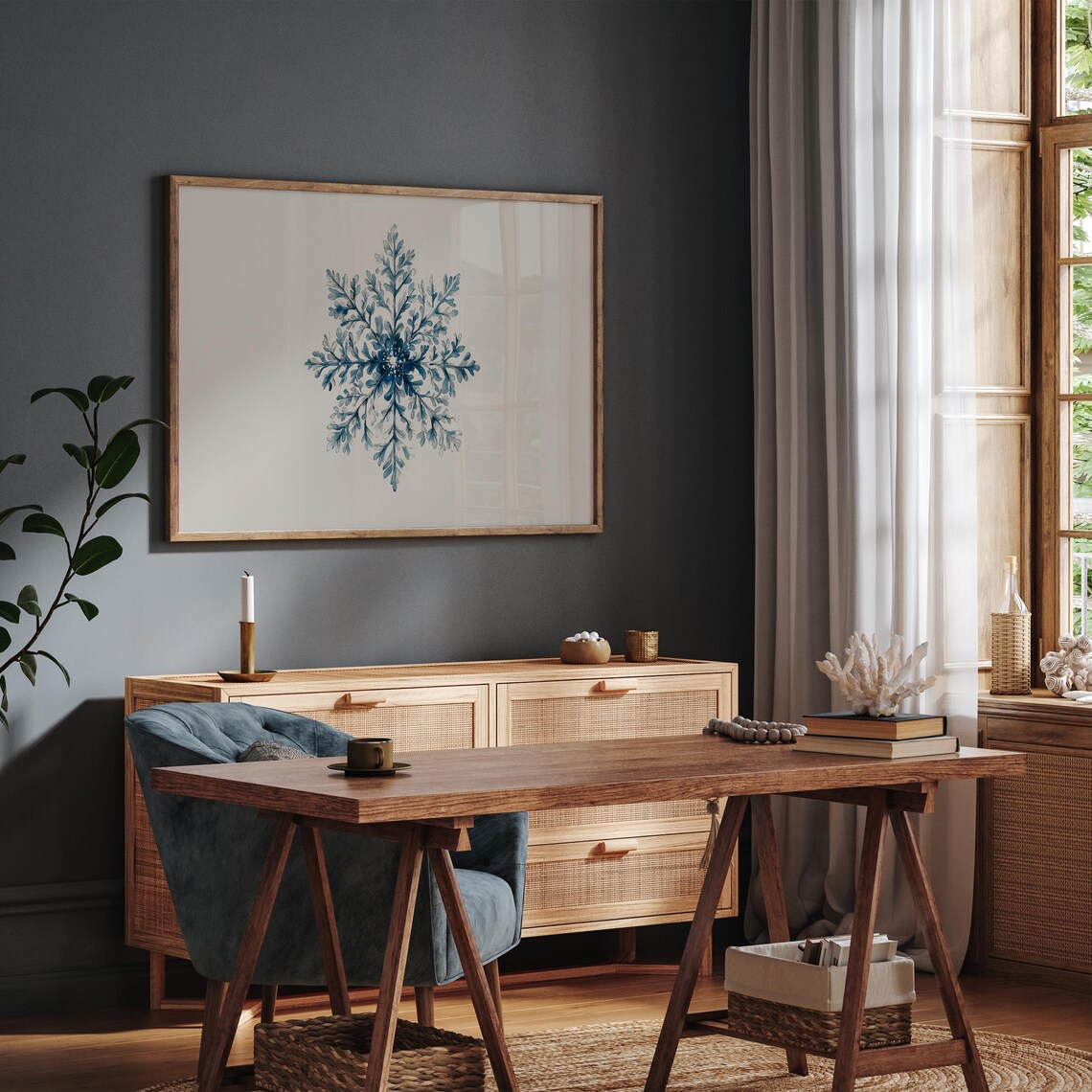 Blue Watercolor Snowflake Elegant Winter Holiday Wall Art Print - Image 3