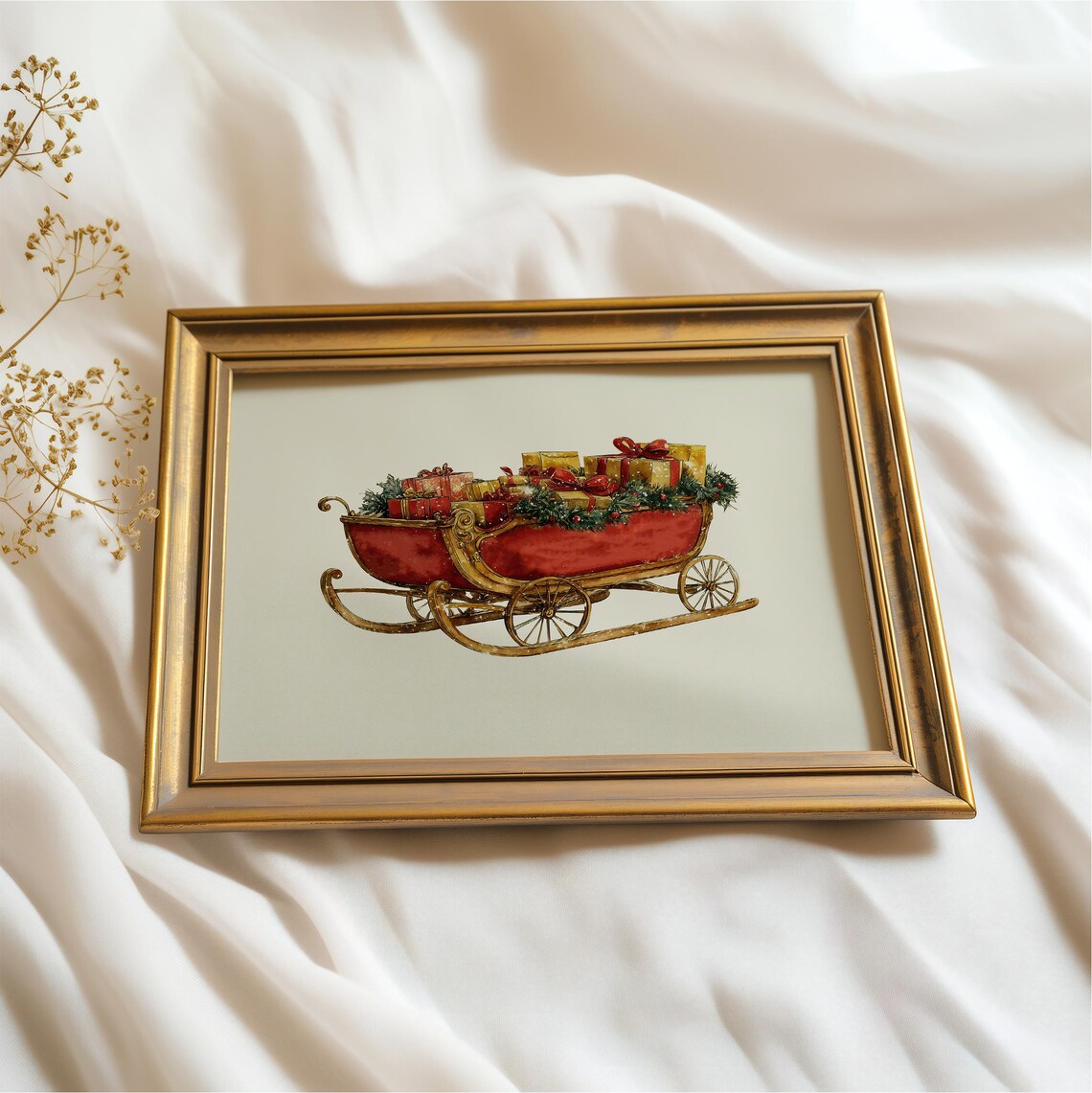 Antique Christmas Sleigh With Gold Trim And Gifts Holiday Art Print - Image 2