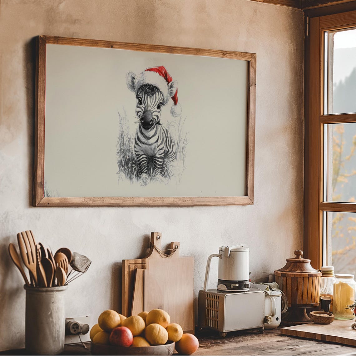 Vintage Zebra Santa Hat Sketch Frame Tv Art Neutral Christmas Nursery Holiday Decor Winter Frame Tv Cute Baby Zebra Drawing - Image 2