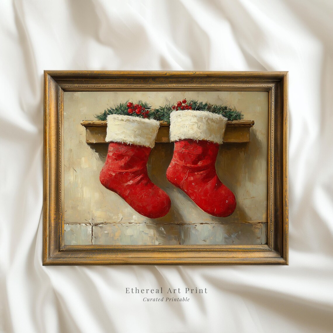 Classic Red Christmas Stockings With Fur Trim Holly Mantel Art Print