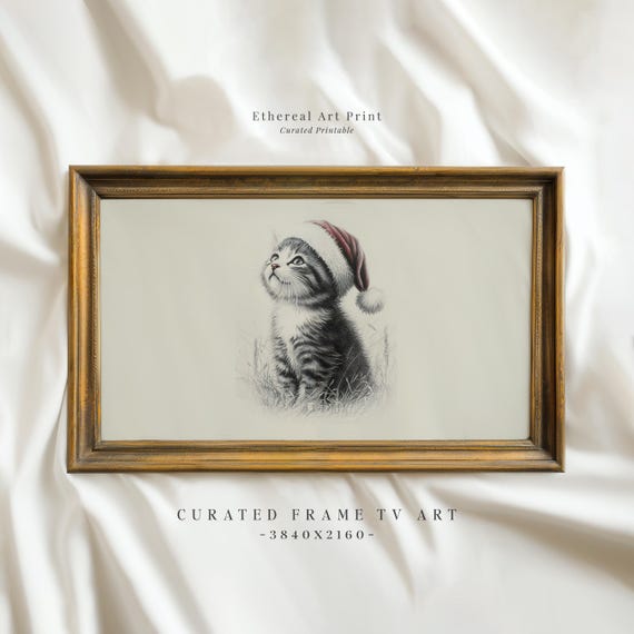 Vintage Kitten Santa Hat Sketch Frame Tv Art Neutral Christmas Nursery Holiday Decor Winter Frame Tv Cute Baby Cat Drawing