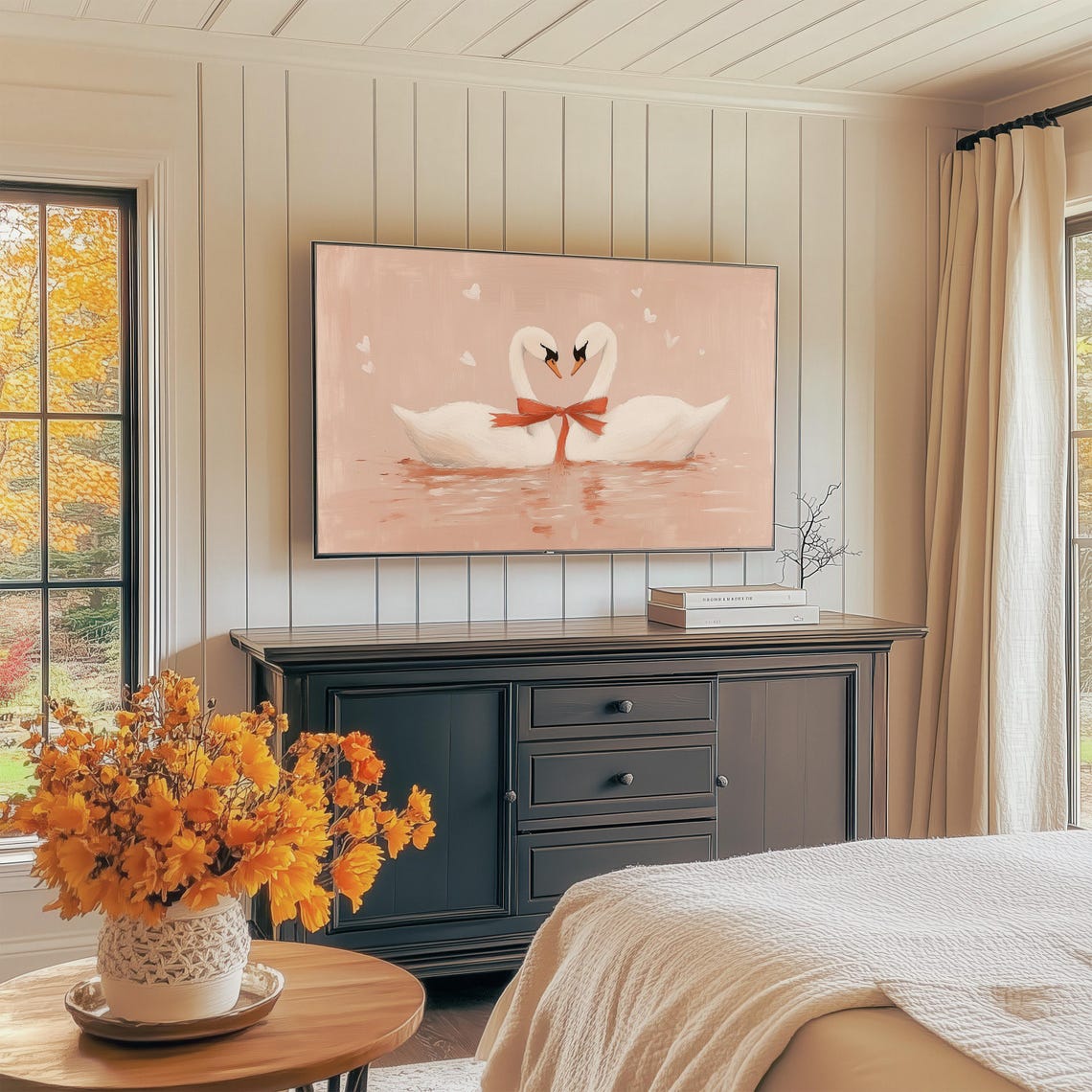 Two White Swans Forming Heart With Red Bow Love Painting Wall Art - Image 4