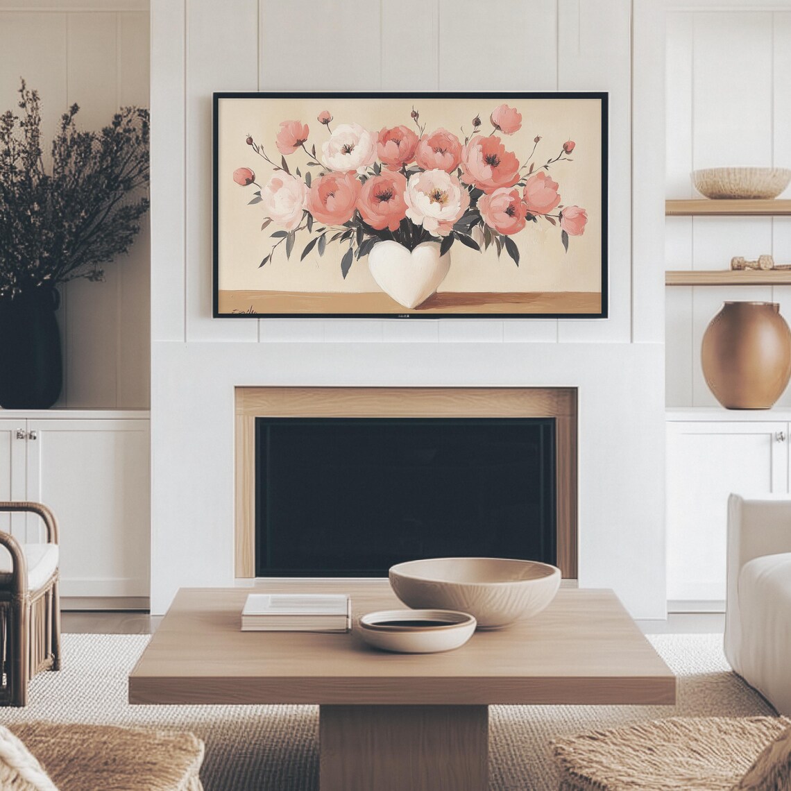 Coral Pink Peonies In White Heart Vase Botanical Painting Wall Art - Image 3